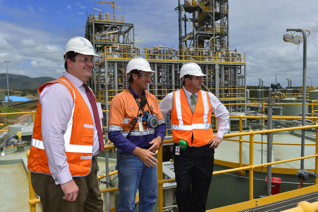 Resources Minister Andrew Cripps, QER operations supervisor Ray Pascoe and Environment Minister Andrew Powell at the QER facility in Yarwun, Gladstone. Resources Minister Andrew Cripps, QER operations supervisor Ray Pascoe and Environment Minister Andrew Powell at the QER facility in Yarwun, Gladstone.