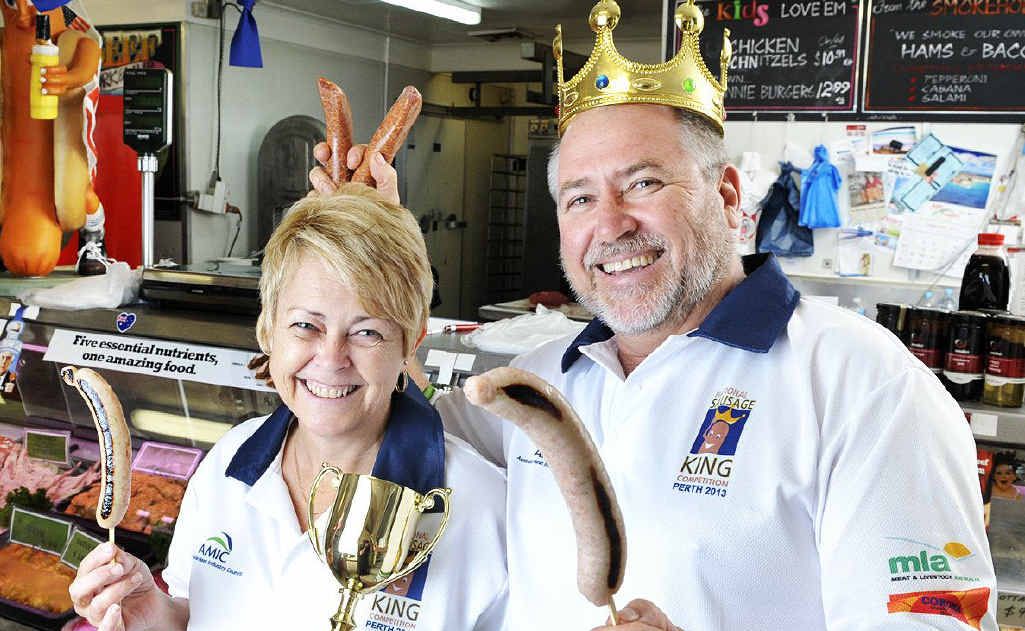 THIRD CROWN: Barnie Nolan, pictured with wife Karen, has been inducted into the national Sausage King Hall of Fame after claiming their third title at a ceremony in Perth. THIRD CROWN: Barnie Nolan, pictured with wife Karen, has been inducted into the national Sausage King Hall of Fame after claiming their third title at a ceremony in Perth.