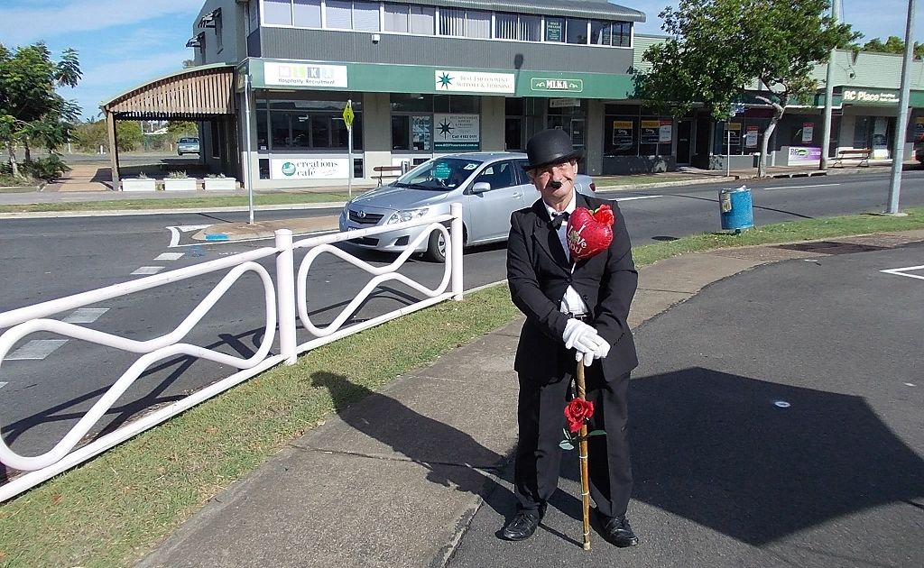 Street entertainer Ian Dinte dressed up as Charlie Chaplin for Valentine's Day in Hervey Bay.
Street entertainer Ian Dinte dressed up as Charlie Chaplin for Valentine's Day in Hervey Bay.
