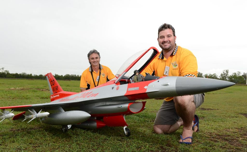 Tyson Dodd with his F16 Fighting Falcon and friend Luke Cullen (back) at the scale model planes Specktrum Gratton Air International show at Calvert on Saturday. Photo: Sarah Harvey / The Queensland Times Tyson Dodd with his F16 Fighting Falcon and friend Luke Cullen (back) at the scale model planes Specktrum Gratton Air International show at Calvert on Saturday. Photo: Sarah Harvey / The Queensland Times