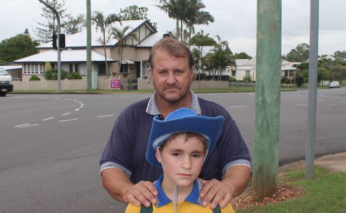 Maryborough dad Brett Clark is worried about son Troy's safety at the Pallas and Kent St intersection. Maryborough dad Brett Clark is worried about son Troy's safety at the Pallas and Kent St intersection.