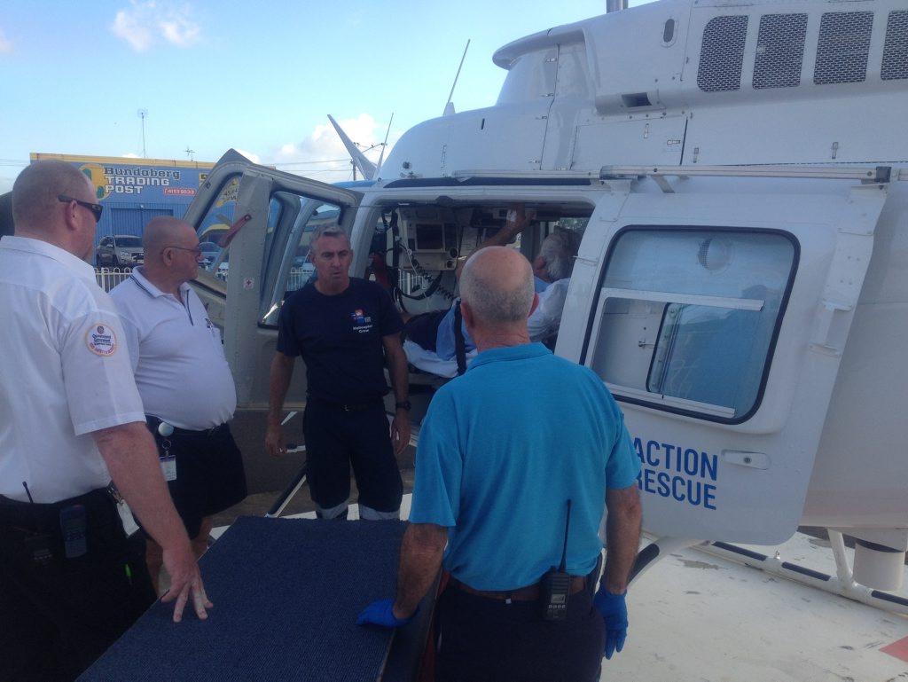A Mt Tom man, trapped by floodwaters, is transported to Bundaberg Base Hospital by the AGL Action Rescue Helicopter. Photo Contributed A Mt Tom man, trapped by floodwaters, is transported to Bundaberg Base Hospital by the AGL Action Rescue Helicopter. Photo Contributed