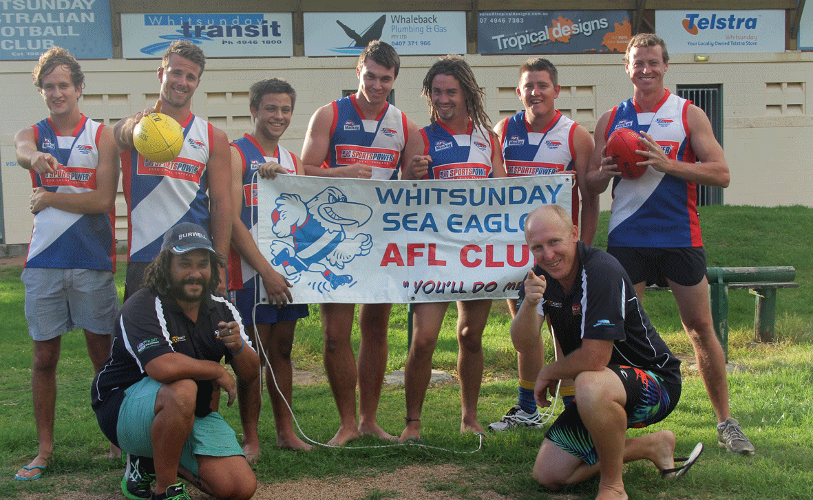 RECRUITMENT DRIVE: Sea Eagles' Reserve and A Grade Coaches Mick Jarvis and Troy Weller (front) with players Lachlan Howard, Cody Wright, Corey Adamson, Trevor Ritchie, Luke Adamson, Jade Derbyshire and club captain John Ryan (back) are calling out for new players to show up to the club's sign-on this Saturday.
RECRUITMENT DRIVE: Sea Eagles' Reserve and A Grade Coaches Mick Jarvis and Troy Weller (front) with players Lachlan Howard, Cody Wright, Corey Adamson, Trevor Ritchie, Luke Adamson, Jade Derbyshire and club captain John Ryan (back) are calling out for new players to show up to the club's sign-on this Saturday.
