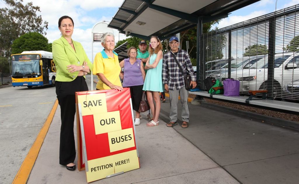 Annastacia Palaszczuk and Lynette Colburn with upset residents who are starting a petition to stop bus cuts. Photo: Inga Williams / The Satellite Annastacia Palaszczuk and Lynette Colburn with upset residents who are starting a petition to stop bus cuts. Photo: Inga Williams / The Satellite