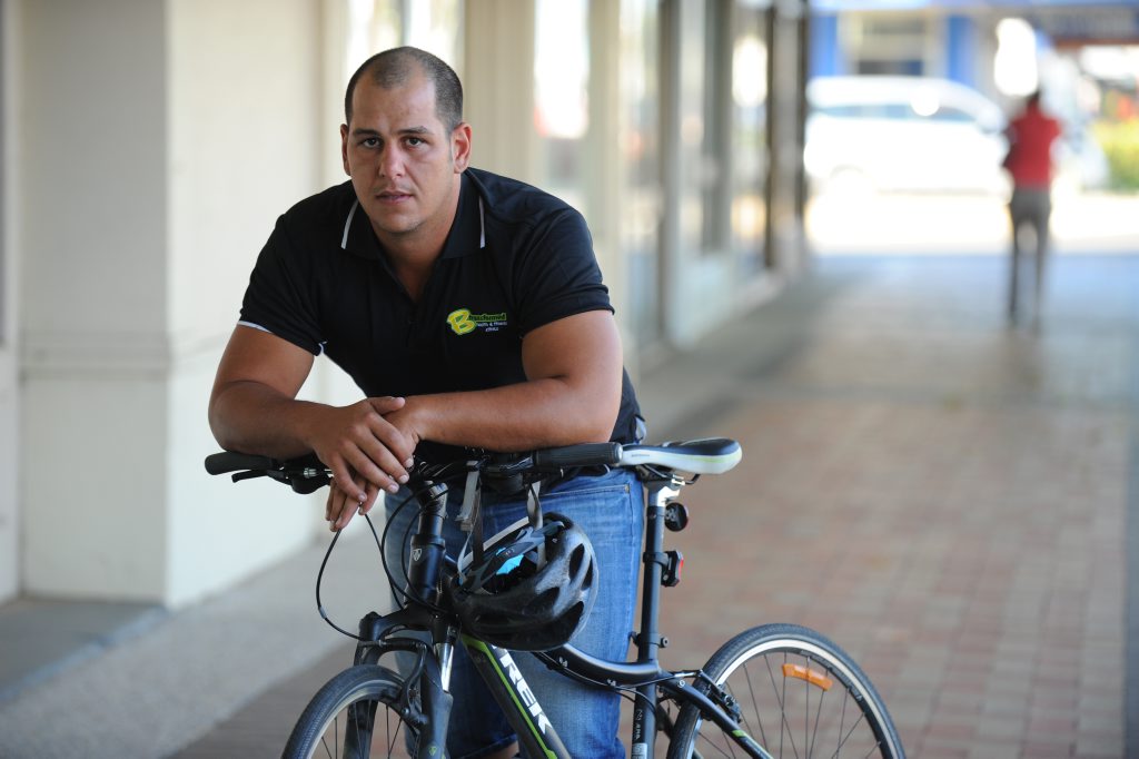 CLOSE CALL: Andrew Abbott who was hit by a car on Bargara Road would like to see better roads for cyclists. Photo: Mike Knott / NewsMail CLOSE CALL: Andrew Abbott who was hit by a car on Bargara Road would like to see better roads for cyclists. Photo: Mike Knott / NewsMail