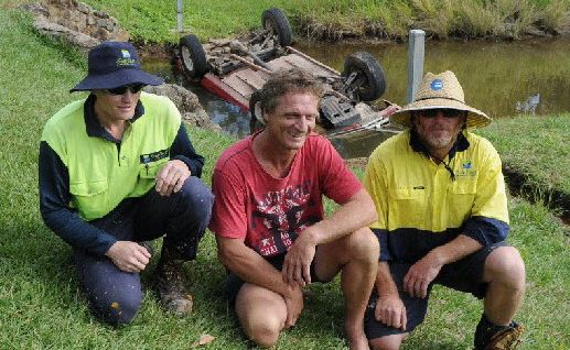 Chris Bern, Russell Reinikka and Brett Whiteway share a laugh after Mr Reinikka’s rescue. Chris Bern, Russell Reinikka and Brett Whiteway share a laugh after Mr Reinikka’s rescue.