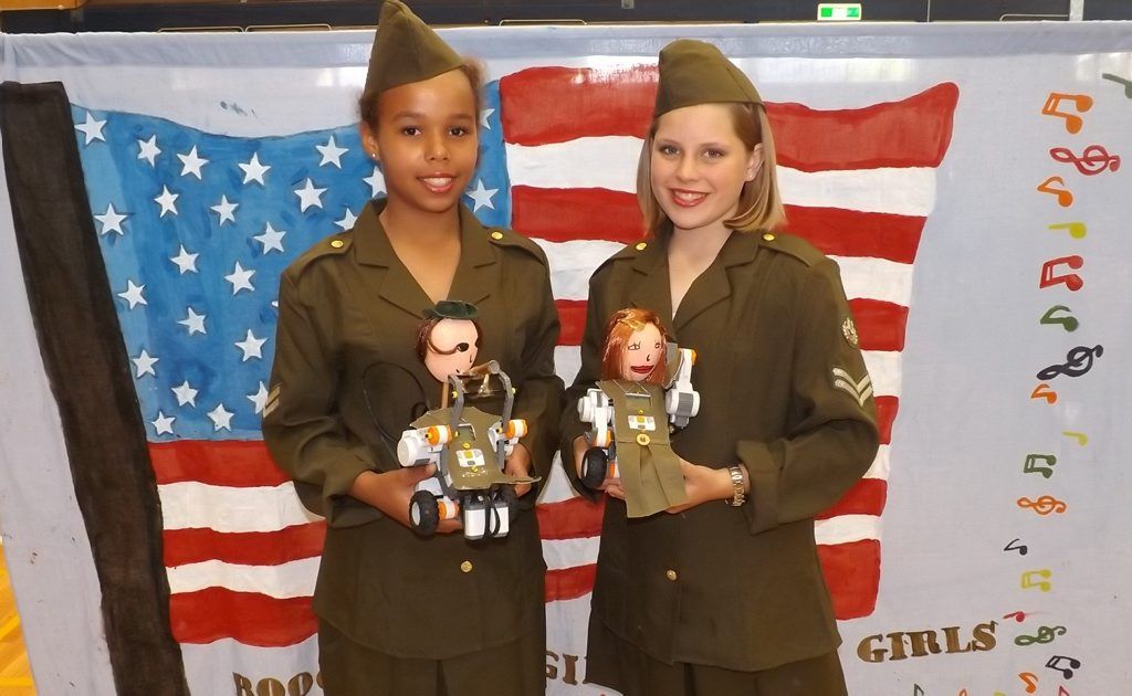 Georgie Bengston and Kallia Banda with their robots. Georgie Bengston and Kallia Banda with their robots.