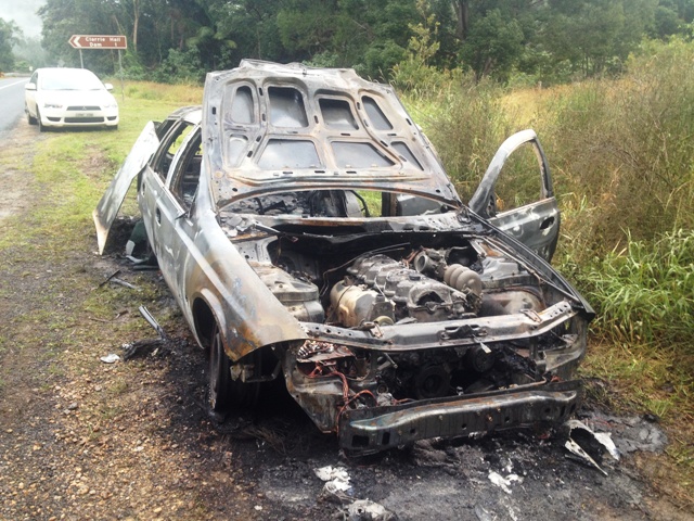 A car which was set alight on the Kyogle Road on Thursday night. A car which was set alight on the Kyogle Road on Thursday night.