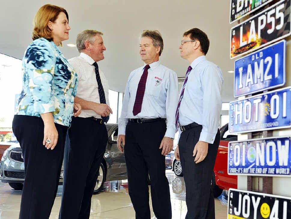TOUGH TALK: Teresa Harding, LNP candidate for Blair, and Ian Macfarlane, Shadow Minister for Energy and Resources, talk with car dealers Greg Boettcher and James Sturges about the impact of changes to the fringe benefit tax on cars. TOUGH TALK: Teresa Harding, LNP candidate for Blair, and Ian Macfarlane, Shadow Minister for Energy and Resources, talk with car dealers Greg Boettcher and James Sturges about the impact of changes to the fringe benefit tax on cars.