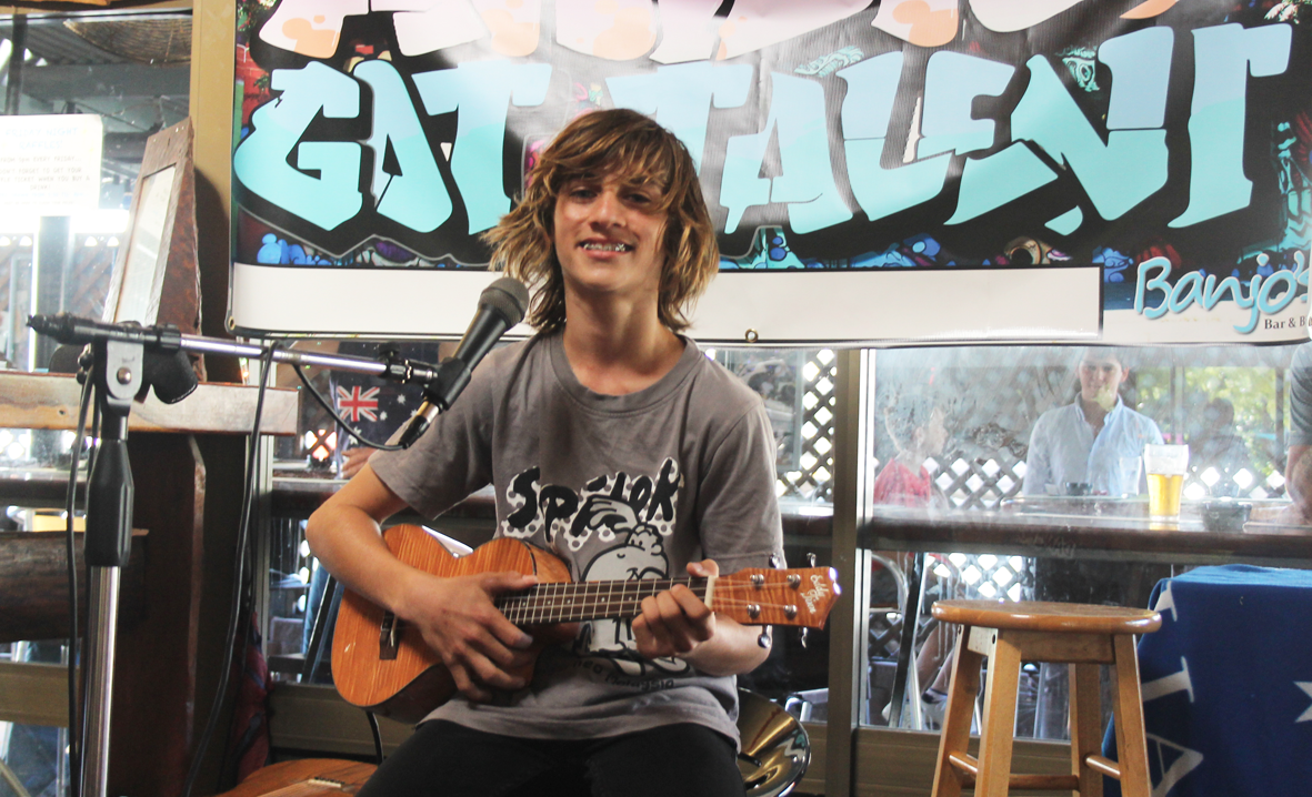 YOUNG GUN: Jake Masson wowed the audience with a brilliant solo acoustic performance on his ukulele of Bruno Mars smash hit Count on Me at the Airlie’s Got Talent event at Banjo’s on Saturday afternoon. YOUNG GUN: Jake Masson wowed the audience with a brilliant solo acoustic performance on his ukulele of Bruno Mars smash hit Count on Me at the Airlie’s Got Talent event at Banjo’s on Saturday afternoon.