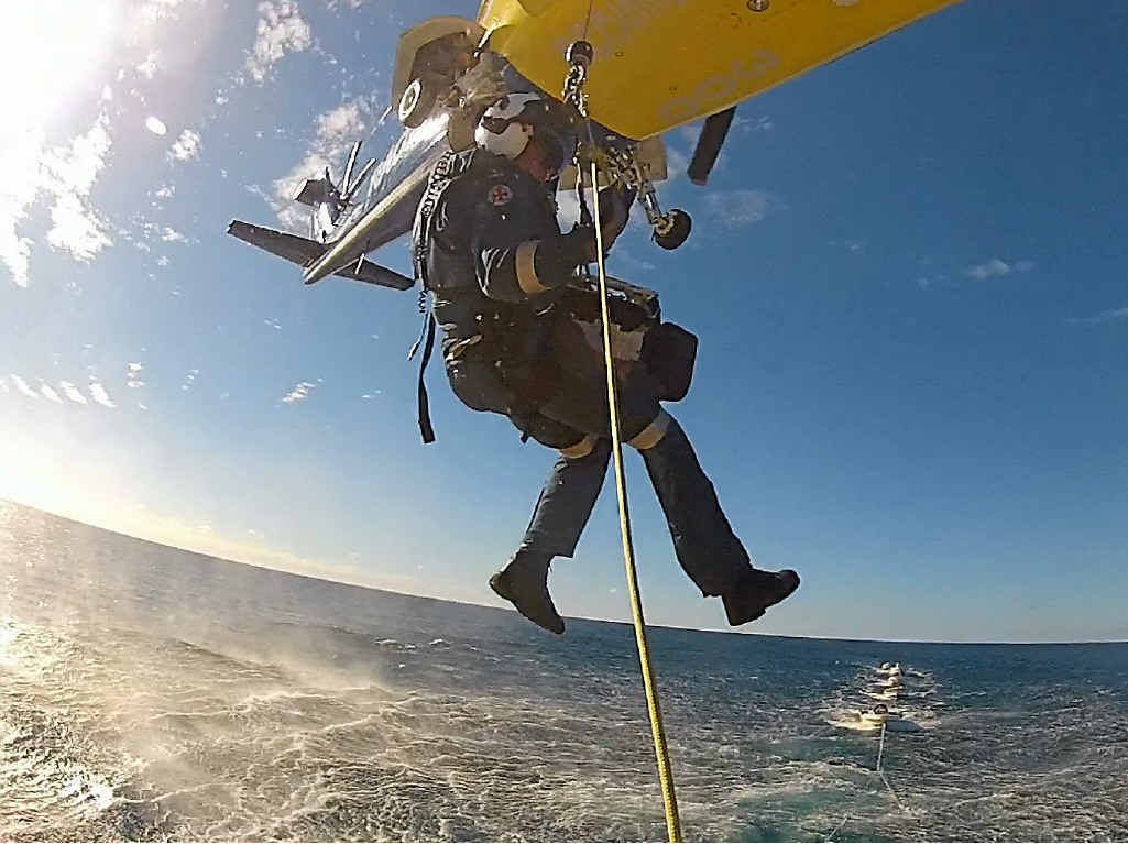 The RACQ Capricorn Helicopter and Rescue team performs a sea rescue, similar to that of Wayne Sorensen's, 110 nautical miles off the coast. The RACQ Capricorn Helicopter and Rescue team performs a sea rescue, similar to that of Wayne Sorensen's, 110 nautical miles off the coast.