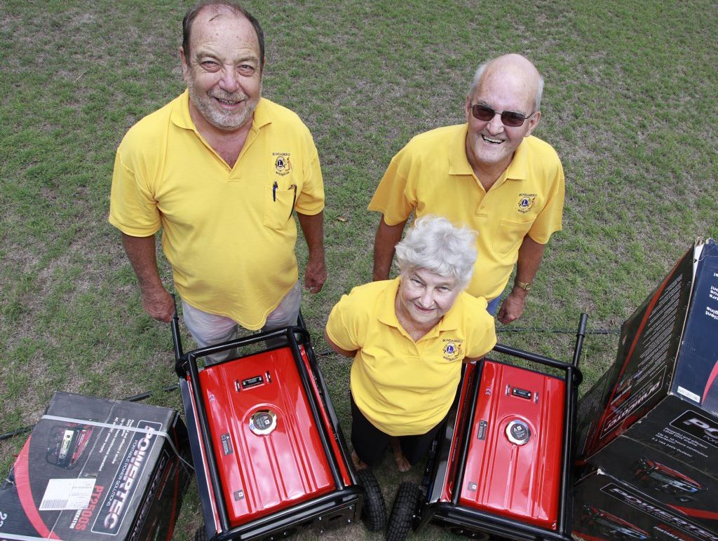 LIONS TO THE RESCUE: Bundaberg Lions President Rino Gastaldo, Robyn Pohlmann and Geoff McColl with the new generators. Photo: Simon Young / NewsMail LIONS TO THE RESCUE: Bundaberg Lions President Rino Gastaldo, Robyn Pohlmann and Geoff McColl with the new generators. Photo: Simon Young / NewsMail