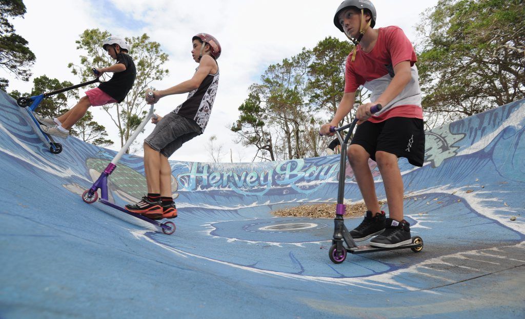 Enjoying the clearing weather are Jared Rees, Josh Donkin and Kya Hebblewhite at the skate bowl at Pialba's Seafront Oval. Enjoying the clearing weather are Jared Rees, Josh Donkin and Kya Hebblewhite at the skate bowl at Pialba's Seafront Oval.