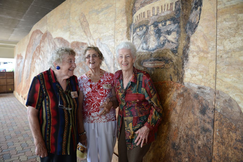 FOR SALE: Barbara Parker, Joyce Pole and Kay O’Grady (centre) with the 2.7m by 12.1m mural. FOR SALE: Barbara Parker, Joyce Pole and Kay O’Grady (centre) with the 2.7m by 12.1m mural.