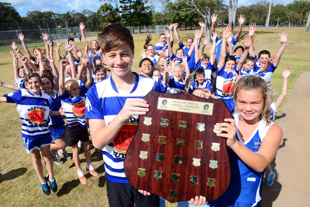 CQ CHAMPS: Norvile State School students Jobe Lister and Jenna Mason and their teammates celebrate winning the CQ Shield. Photo: Max Fleet / NewsMail CQ CHAMPS: Norvile State School students Jobe Lister and Jenna Mason and their teammates celebrate winning the CQ Shield. Photo: Max Fleet / NewsMail