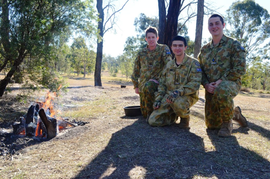 COOKING WITHOUT GAS: 139 Lockyer Valley Army Cadet Unit members Dillon McCallum and Michael Jones with Region Cadet Under Officer for South Queensland Army Cadet Brigade Job King at the unit’s cooking weekend. COOKING WITHOUT GAS: 139 Lockyer Valley Army Cadet Unit members Dillon McCallum and Michael Jones with Region Cadet Under Officer for South Queensland Army Cadet Brigade Job King at the unit’s cooking weekend.