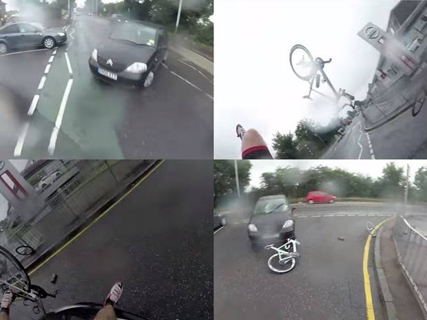 Video: A London cyclist captured the moment a car veered into the side of him, sending him and his bike flying, yet leaving him miraculously unscathed. Video: A London cyclist captured the moment a car veered into the side of him, sending him and his bike flying, yet leaving him miraculously unscathed.