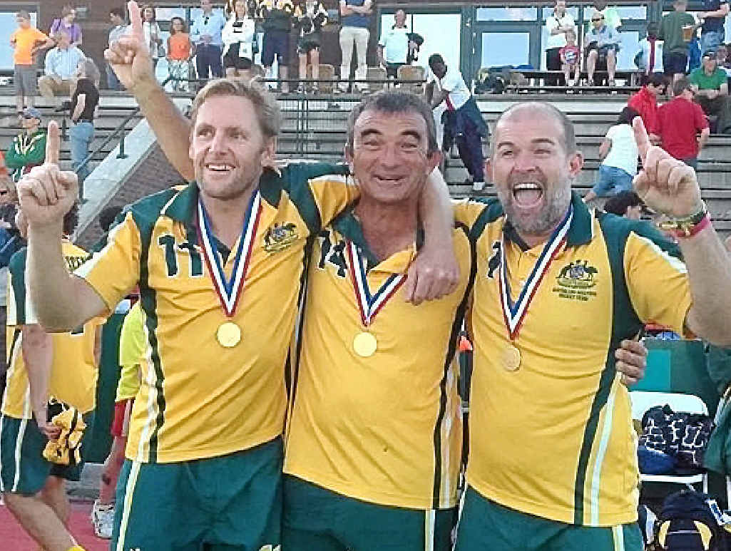 LOCAL CHAMPS: Pictured (top right) are, from left, Ballina Hockey Club’s Scott Hamilton (also pictured above, playing for FNC Over-35s), Wayne Porter and Grant Smith after representing Australian veterans teams at the Masters World Cup in the Netherlands. LOCAL CHAMPS: Pictured (top right) are, from left, Ballina Hockey Club’s Scott Hamilton (also pictured above, playing for FNC Over-35s), Wayne Porter and Grant Smith after representing Australian veterans teams at the Masters World Cup in the Netherlands.