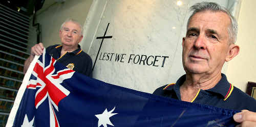 Upset: Murwillumbah RSL Sub Branch president Derek Sims and hon secretary Kevin Cheetham think Anzac Day is not appropriate for a debate about changing the flag. Upset: Murwillumbah RSL Sub Branch president Derek Sims and hon secretary Kevin Cheetham think Anzac Day is not appropriate for a debate about changing the flag.