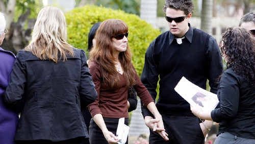 Justin Anderson’s mother Donna Anderson (centre) is comforted by her son Jeremy (right) and friends after the funeral service at Goodna. Two doves were released outside the funeral chapel. Justin Anderson’s mother Donna Anderson (centre) is comforted by her son Jeremy (right) and friends after the funeral service at Goodna. Two doves were released outside the funeral chapel.