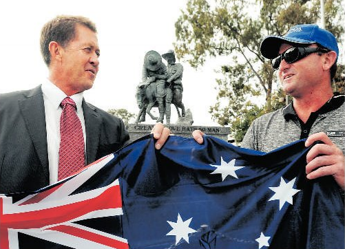 Jason Blake gets an Australia flag from Luke Hartsuyker. Jason Blake gets an Australia flag from Luke Hartsuyker.