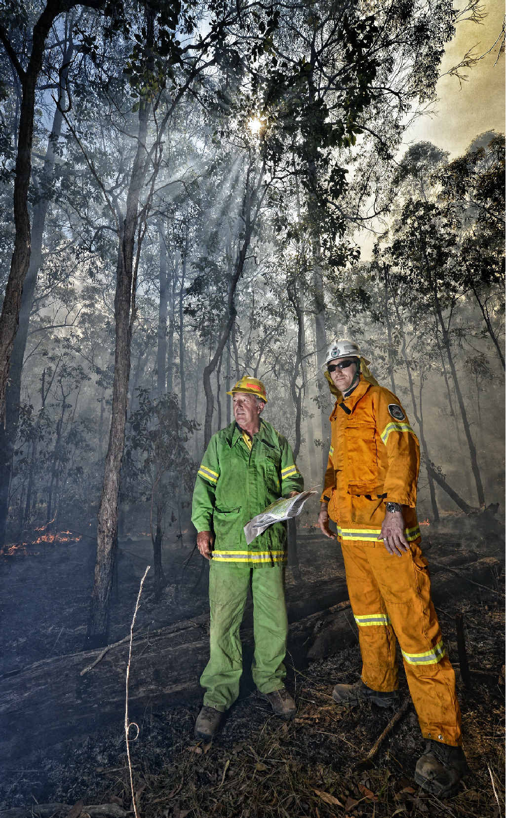 Division Commander Forests NSW David Blair and Rural Fire Service's Matt Inwood in Candole State Forest. Division Commander Forests NSW David Blair and Rural Fire Service's Matt Inwood in Candole State Forest.