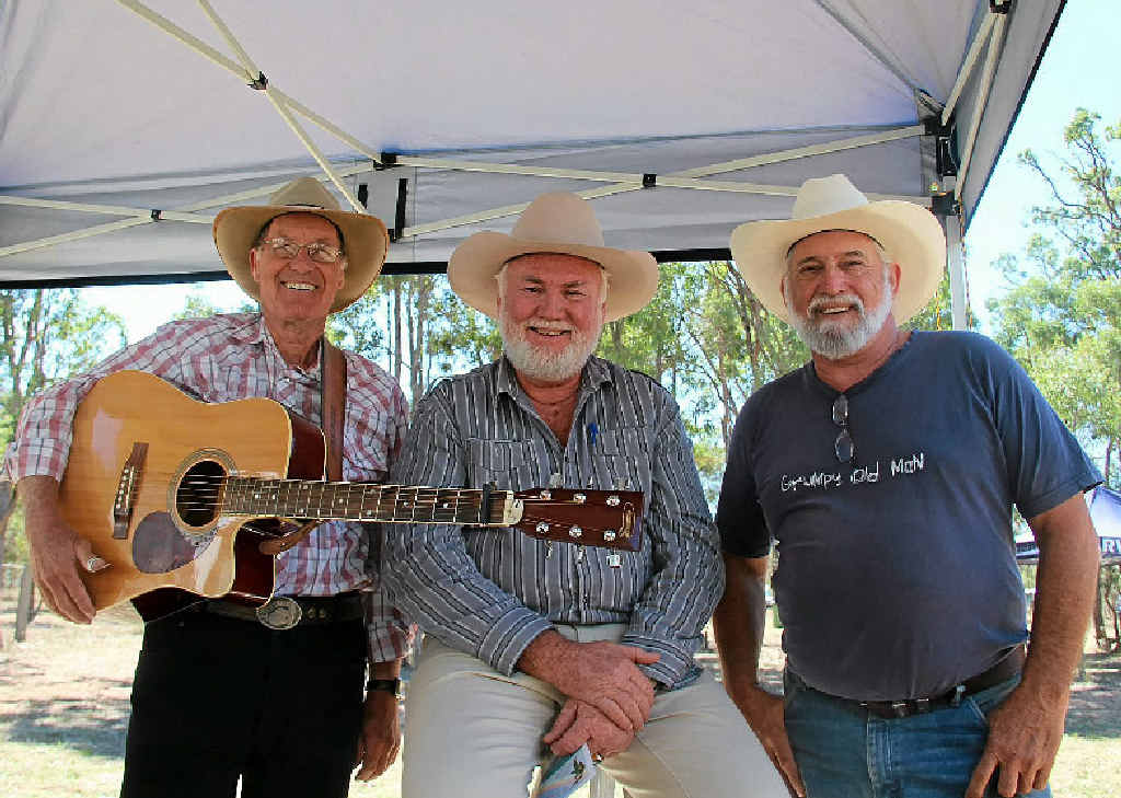 Graham Parfitt, Merv West and Peter Driscoll waiting to take to the stage at the Bony Mountain Music Festival yesterday. Graham Parfitt, Merv West and Peter Driscoll waiting to take to the stage at the Bony Mountain Music Festival yesterday.