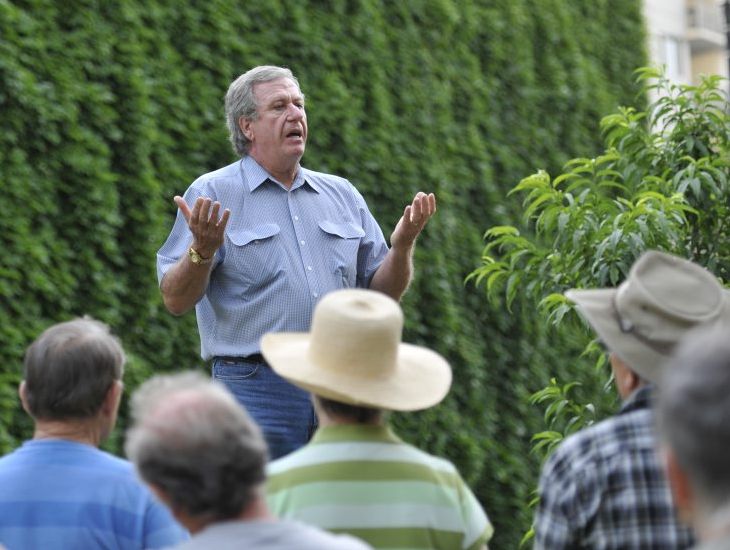 Ron Fraser addresses a crowd at the Village Green about the uncertain future of cancer care at St Andrew’s Hospital. Ron Fraser addresses a crowd at the Village Green about the uncertain future of cancer care at St Andrew’s Hospital.
