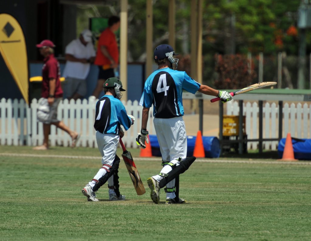 JUNIOR CRICKET: Brady Thompson and Jaye Smith leave the field in the invitational match at Salter Oval. Photo: Ben Turnbull / NewsMail JUNIOR CRICKET: Brady Thompson and Jaye Smith leave the field in the invitational match at Salter Oval. Photo: Ben Turnbull / NewsMail