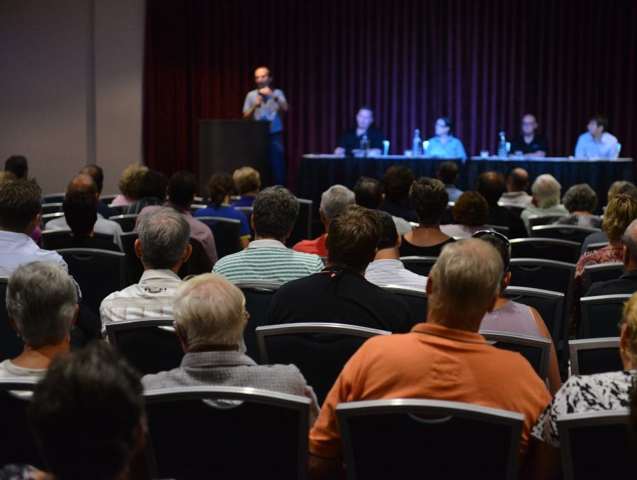 CLOSED DOORS: Insured flood victims crowed into the function room at the Waves club for an insurance forum. Photo: Scottie Simmonds / NewsMail CLOSED DOORS: Insured flood victims crowed into the function room at the Waves club for an insurance forum. Photo: Scottie Simmonds / NewsMail