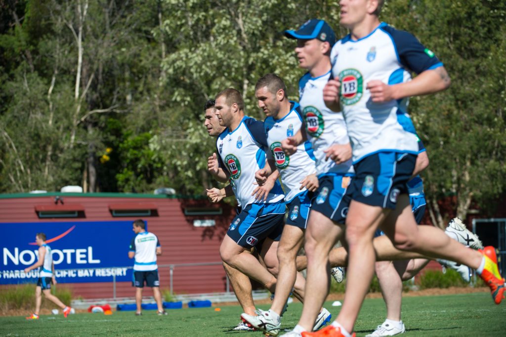 The NSW Blues work on their defensive line. The NSW Blues work on their defensive line.