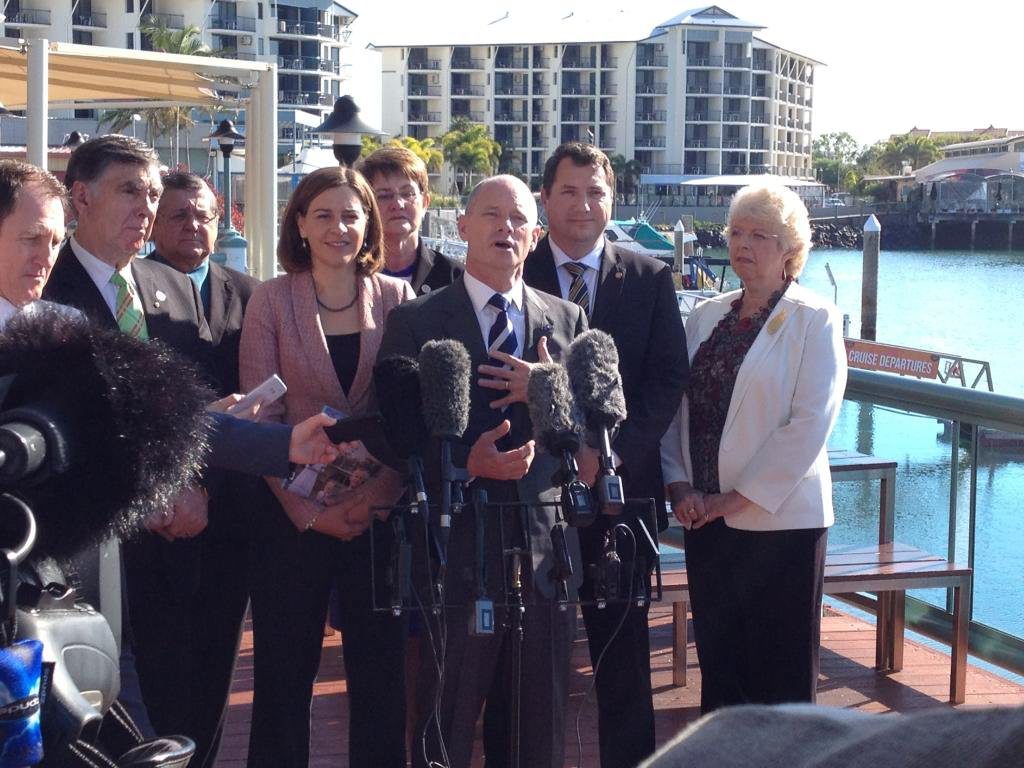 Premier Campbell Newman at a media conference at the Urangan boat harbour. Premier Campbell Newman at a media conference at the Urangan boat harbour.