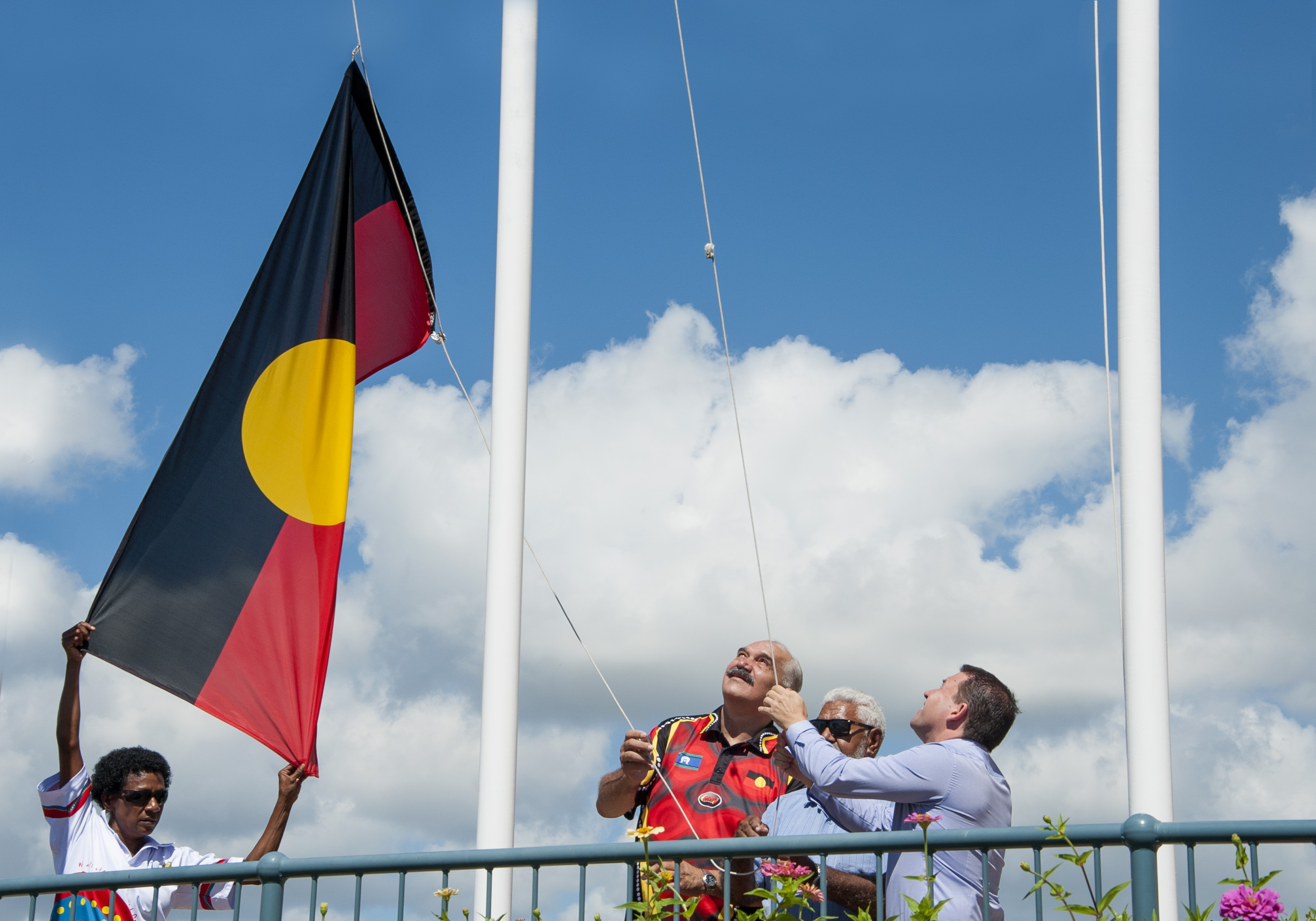 Gidarjil Indigenous Organisation Queensland spokespeople Tricia Eggmolesse, Richard Johnson and Kerry Blackman with Mayor Matt Burnett. 