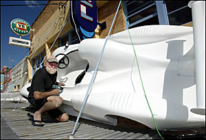 MURWILLUMBAH fibreglass mould maker Russ Wade put the finishing touches to his display on top of the Courthouse Hotel awning. MURWILLUMBAH fibreglass mould maker Russ Wade put the finishing touches to his display on top of the Courthouse Hotel awning.