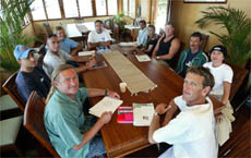 STUART Ball and Phil Arnott, front, met with local surfing legends at Duranbah yesterday STUART Ball and Phil Arnott, front, met with local surfing legends at Duranbah yesterday