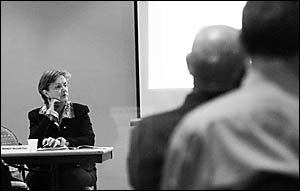 Wendy McCarthy at yesterday?s public consultation meeting on the new area health advisory councils. Wendy McCarthy at yesterday?s public consultation meeting on the new area health advisory councils.