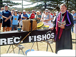 Ken Smith dressed as a pastor delivers a eulogy for recreational fishermen at Saturday?s protest rally Ken Smith dressed as a pastor delivers a eulogy for recreational fishermen at Saturday?s protest rally