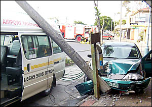 The crash scene in Jonson Street, Byron Bay on Sunday morning. The crash scene in Jonson Street, Byron Bay on Sunday morning.