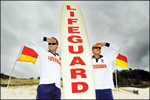 On patrol . . . lifeguards Scott Courtland (left) and Sonny Tisdell usher in another surf season in Coffs Harbour. On patrol . . . lifeguards Scott Courtland (left) and Sonny Tisdell usher in another surf season in Coffs Harbour.