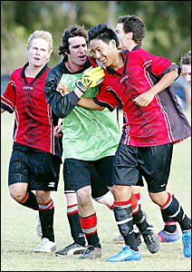 TWO-GOAL hero Kenta Shimizu (right) is congratulated by Burringbar goalkeeper Dave Lee TWO-GOAL hero Kenta Shimizu (right) is congratulated by Burringbar goalkeeper Dave Lee