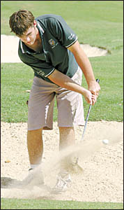 Brendan Alcorn of Lismore plays a bunker shot to the sixth green in the Lismore Workers Golf Club Easter tournament. Brendan Alcorn of Lismore plays a bunker shot to the sixth green in the Lismore Workers Golf Club Easter tournament.