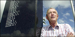 BARRY GALTON at the Lismore War Memorial where the name of his father, Daniel Galton, is inscribed on the memorial.     