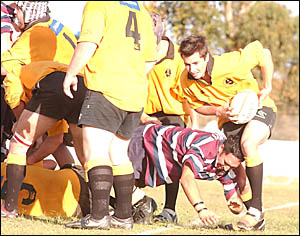 FOOT LOOSE: A Casino forward leaves the ruck too early and provides the Buccaneers ball carrier with an opening. Photo: DEBRAH FOOT LOOSE: A Casino forward leaves the ruck too early and provides the Buccaneers ball carrier with an opening. Photo: DEBRAH