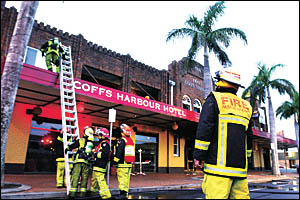 Disaster zone . . . 20 firefighters in three vehicles converged on the Coffs Hotel to battle yesterday?s fire. Disaster zone . . . 20 firefighters in three vehicles converged on the Coffs Hotel to battle yesterday?s fire.