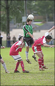 HEADS, YOU WIN: Kadina High School?s Joel Gosper soars to head the ball against Sydney?s Plumpton High yesterday at Weston Park HEADS, YOU WIN: Kadina High School?s Joel Gosper soars to head the ball against Sydney?s Plumpton High yesterday at Weston Park