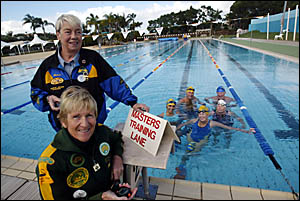 TWIN Towns Masters Swim Club coach Pamela Blakeway (front) and meet director Patricia Scott-Glassock oversee final preparations TWIN Towns Masters Swim Club coach Pamela Blakeway (front) and meet director Patricia Scott-Glassock oversee final preparations