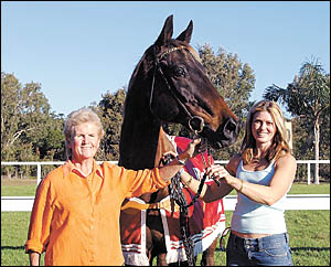 Trainer Colleen Underhill and strapper Rebecca Dunn with Mr Marceau, winner of the 1988 Coffs Harbour Cup which will lead the C Trainer Colleen Underhill and strapper Rebecca Dunn with Mr Marceau, winner of the 1988 Coffs Harbour Cup which will lead the C