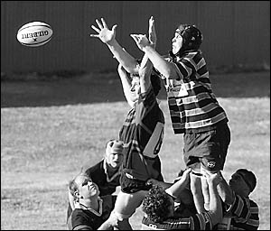 Connor Barrett (left) tries to stop his Hastings Valley opponent getting on top in a lineout during Coffs Rugby?s semi-final wi Connor Barrett (left) tries to stop his Hastings Valley opponent getting on top in a lineout during Coffs Rugby?s semi-final wi