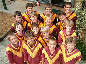 HAPPY TEAM: The Wyrallah Road AFL team prior to their match against Forster yesterday wearing the school?s rugby league jerseys HAPPY TEAM: The Wyrallah Road AFL team prior to their match against Forster yesterday wearing the school?s rugby league jerseys