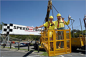 HIGHon the job. Council employees Murray Neal and Brad Prestwich preparing the Speed on Tweed track. HIGHon the job. Council employees Murray Neal and Brad Prestwich preparing the Speed on Tweed track.